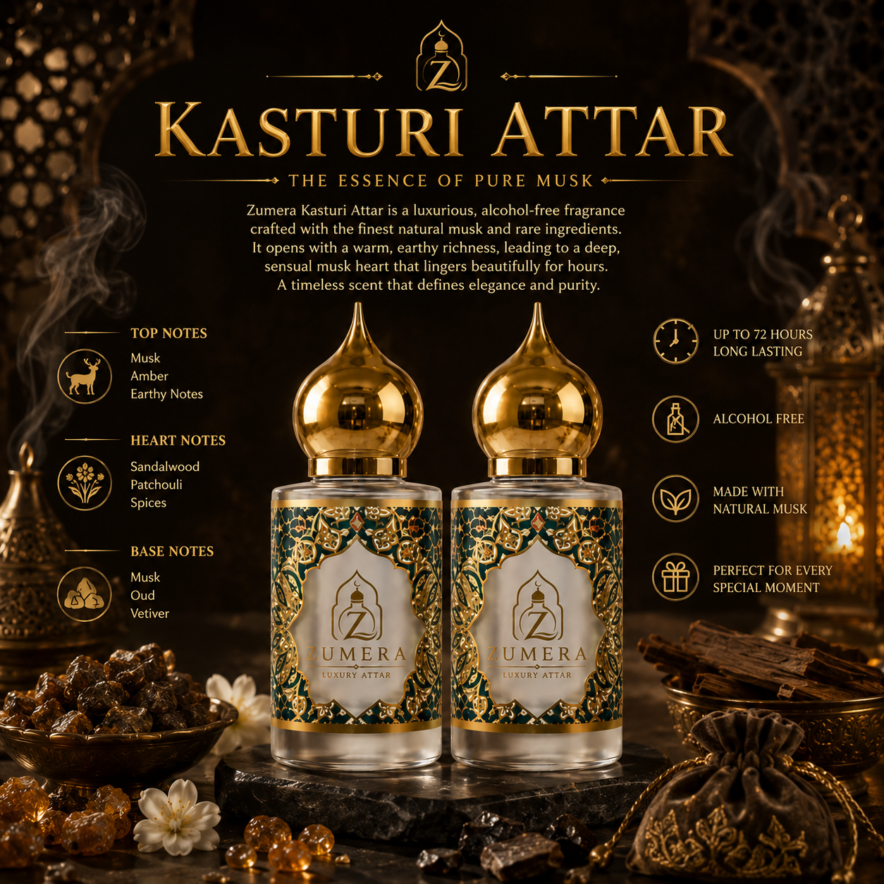 Zumera Original Kasturi Attar | 10ML + 10ML | 72 Hours Long Lasting